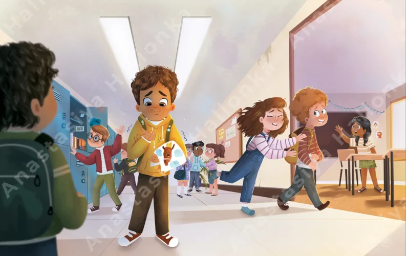 children’s books illustrator Anastasiya Halionka illustration of a boy at school among other children