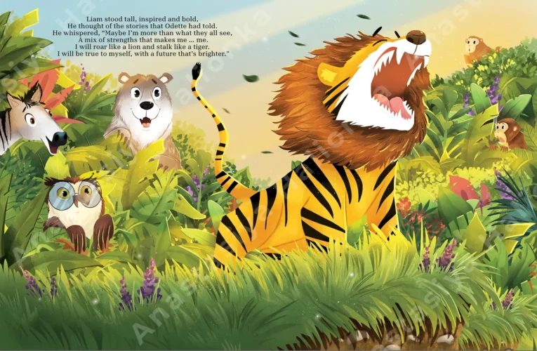 children’s books illustrator Anastasiya Halionka A scene with a lion and other wild animals