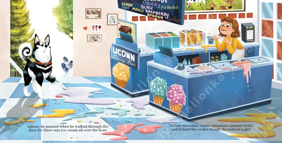 children’s books illustrator Anastasiya Halionka Surprised husky in a candy store