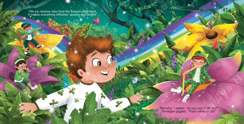 children’s books illustrator Anastasiya Halionka illustration of a little boy and leprechauns on a colored rainbow background