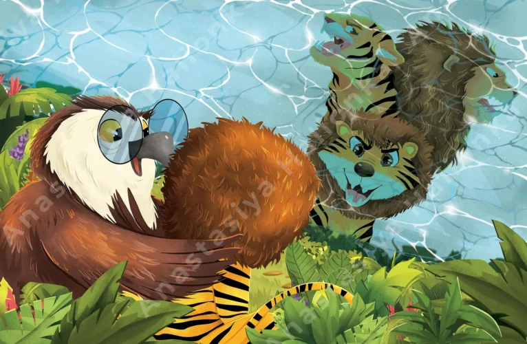 children’s books illustrator Anastasiya Halionka illustration of an owl and a lion by the water