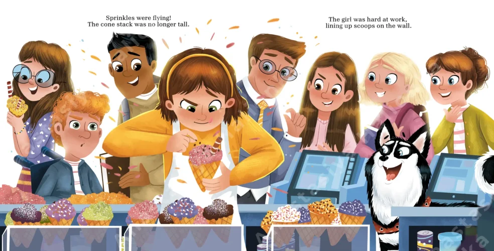 children’s books illustrator Anastasiya Halionka The main character is a husky and next to her is a cute girl and other people